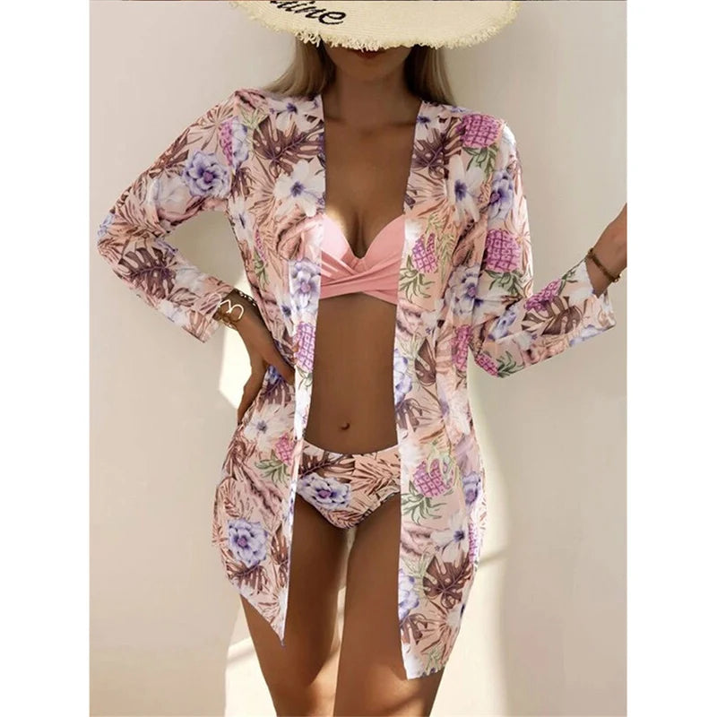 Floral Low Waist Bikini Set Cover Up Swimsuit For Women Push Up Long Sleeve Three Pieces Swimwear Beach Bathing Suits