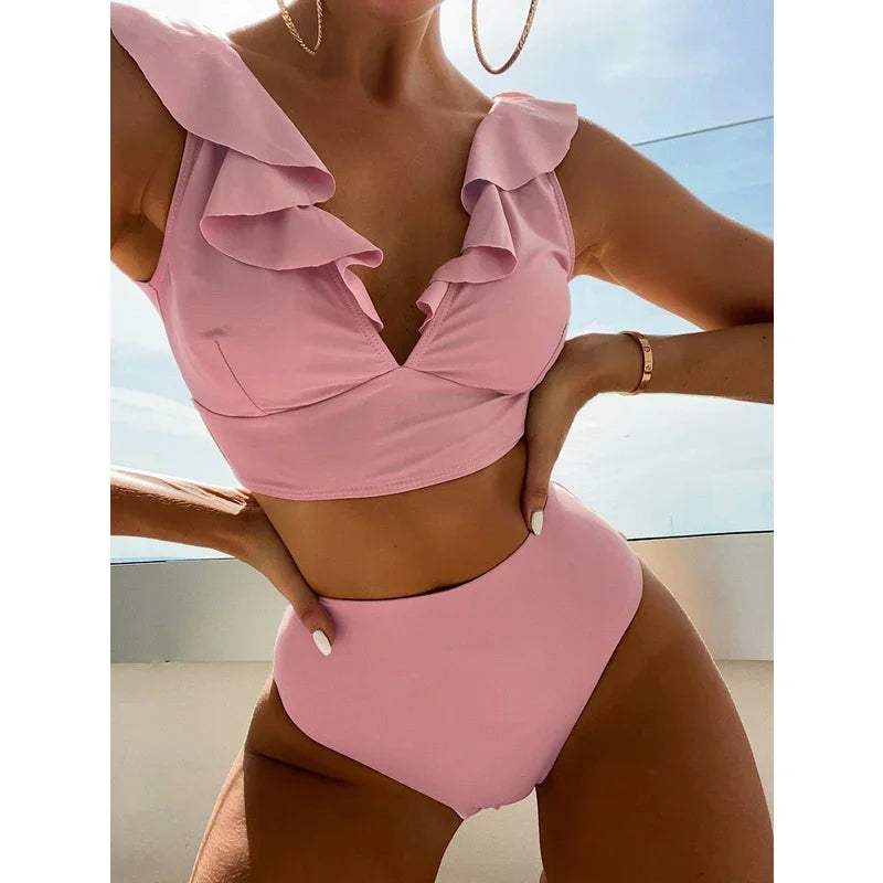 Solid Color Sexy V-neck Ruffle Bikini 2024 Women 2 Piece Swimwear Push Up Padded High Waist Swimsuit Summer Beach Bathing Suit