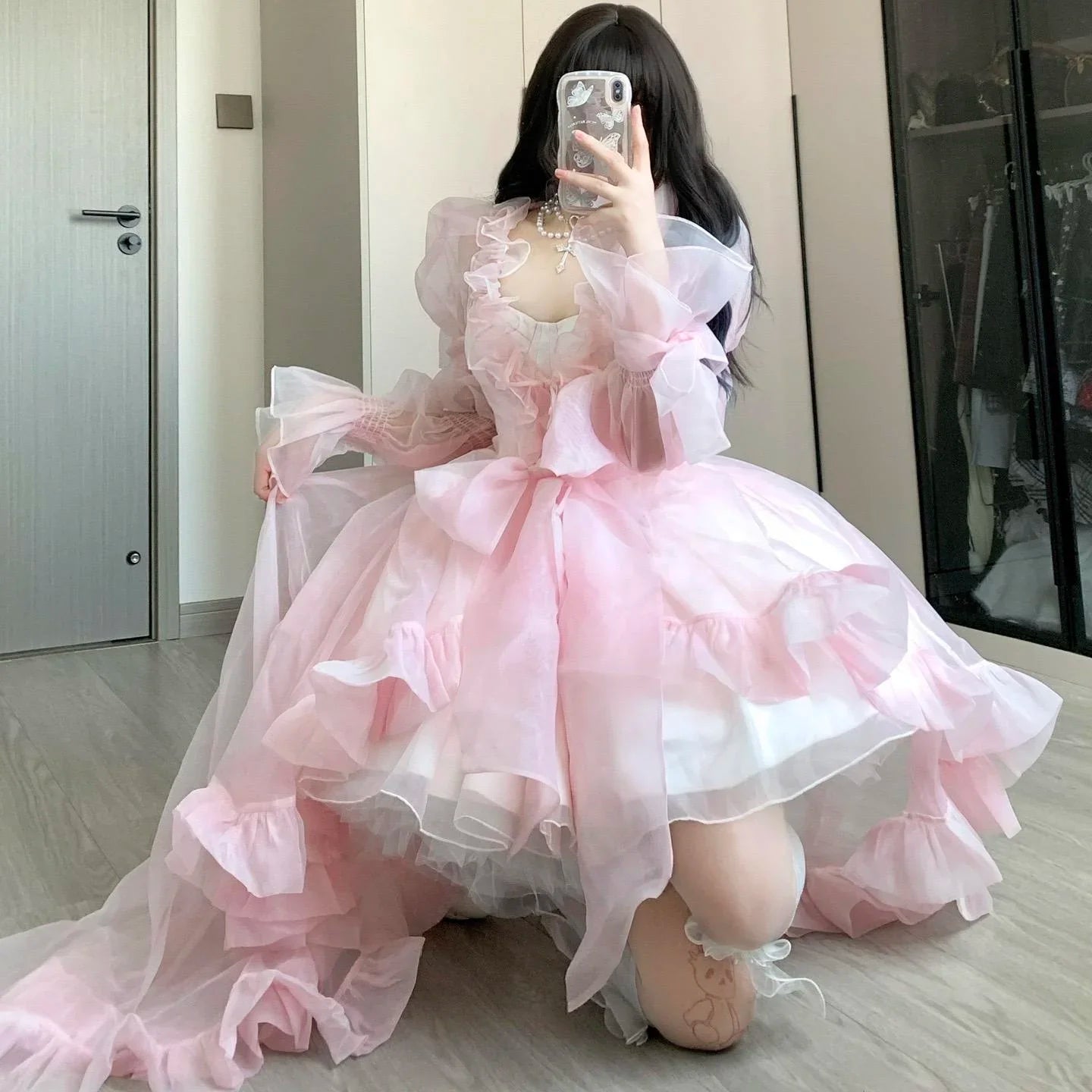 French Style Flower Wedding Dress Lolita Sweet Girl Women Fairy Tube Top Sling Dress with Long Cardigan Birthday Princess Dress