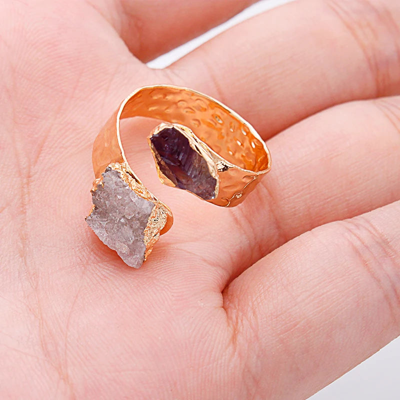 Irregular Raw Crystal Quartz Open Ring for Women Girls Gold-color Boho Amethyst Finger Jewelry Resizable