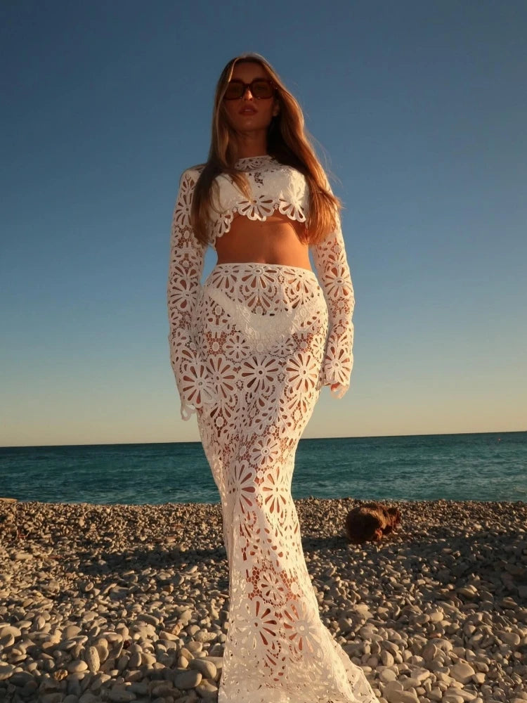 White Elegant Embroidery Hollow Out Beach Dresses Set Sexy See Though Crop Tops Long Skirts Women Sets Summer Women Outfits