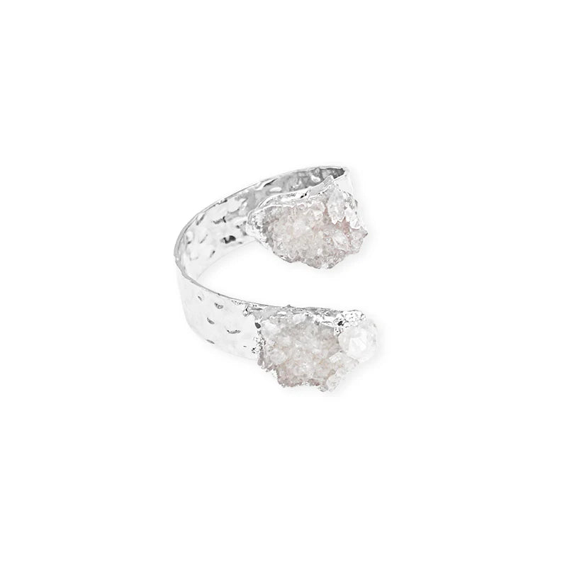 Irregular Raw Quartz Stone Open Ring for Women Girls Silver-color Boho Crystal Cluster Finger Jewelry Resizable