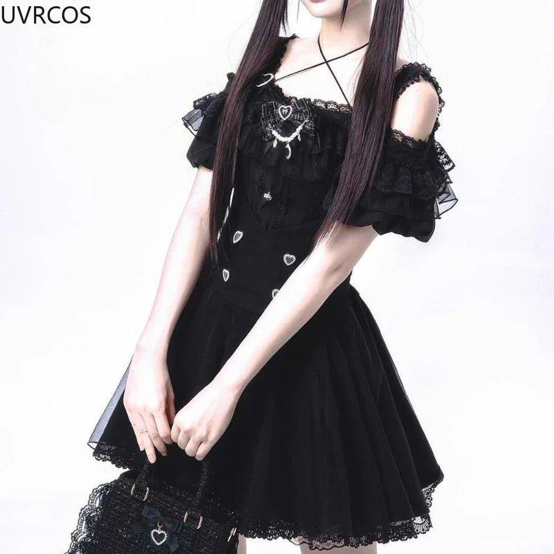 Japanese Gothic Y2k Lolita Style Skirt Sets Women Sweet Bow Off Shoulder Shirts Cute Mini Cake Skirts Korean Fashion Party Suit