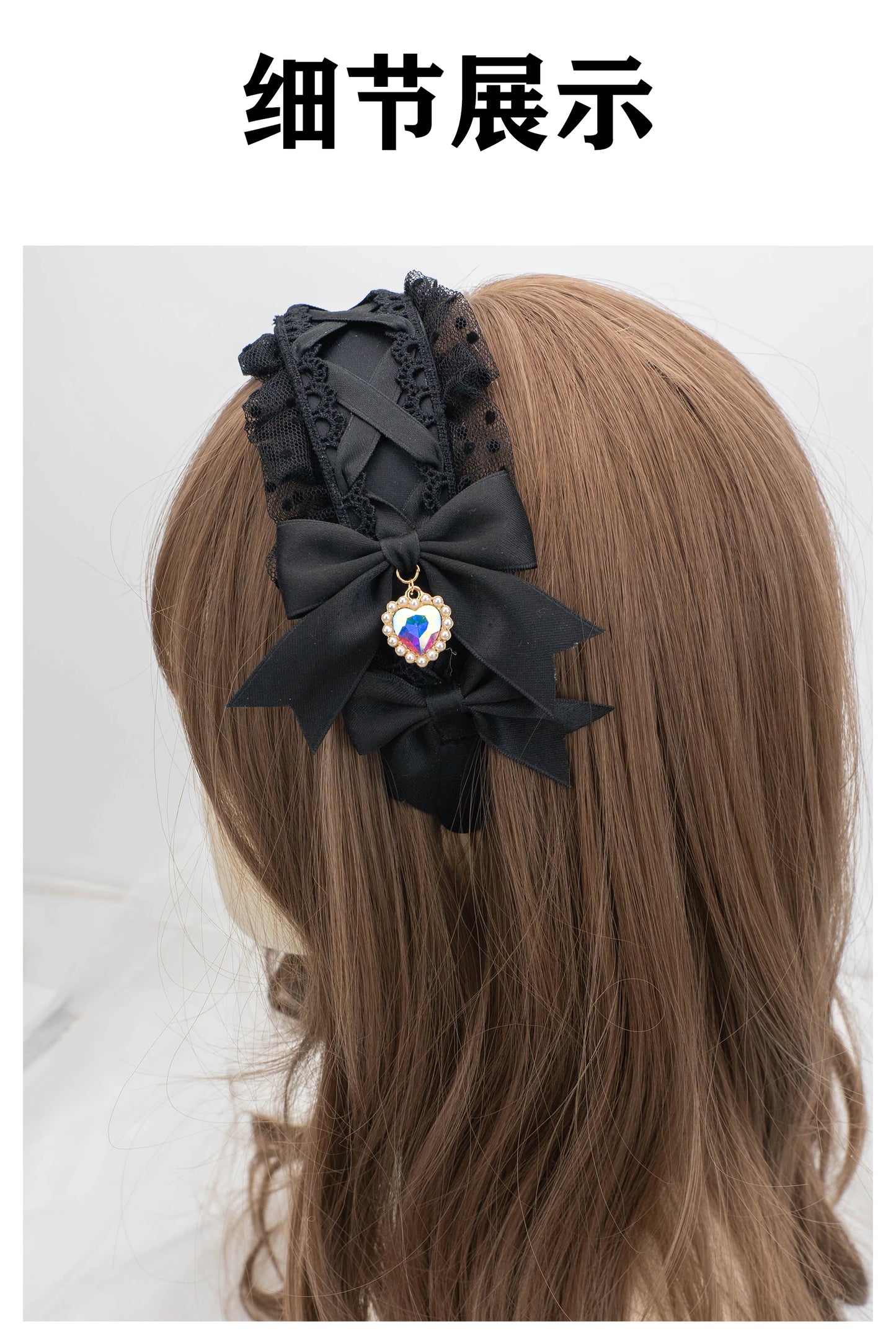 Lolita Hairband Lace Bow New Headwear Sweet Heart Shape Rhinestone Pendant Headband Japanese Style Hair Accessories for Women