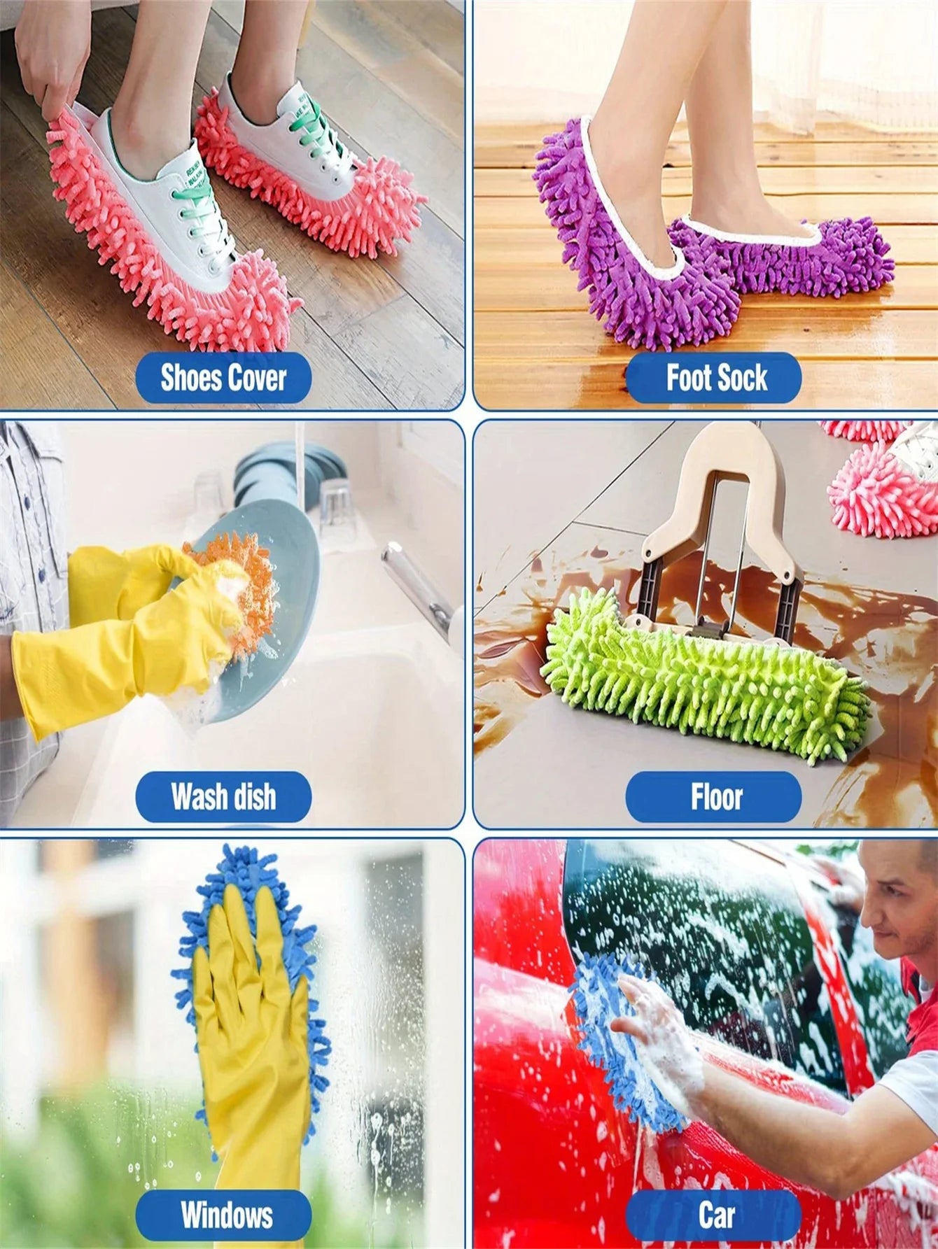 2Pcs Mop Slippers, Soft, Washable and Reusable Microfiber Foot Socks, Dust Slippers for Cleaning Bathrooms, Kitchen and Bedrooms