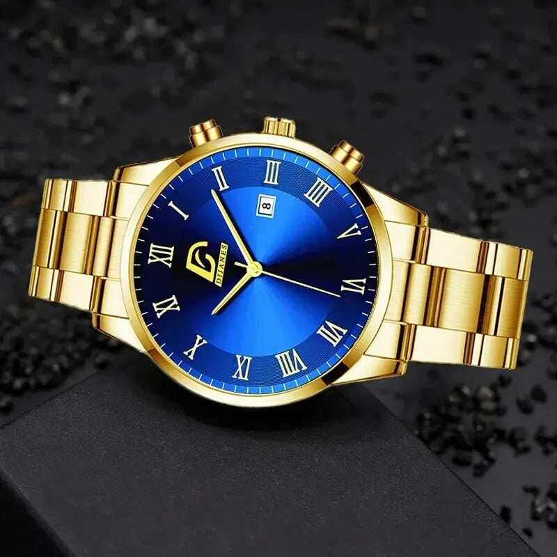1Pcs Men's Casual Business Stainless Steel Band Quartz Watch 2PCS Luxury Alloy Bracelet Necklace Birthday Christmas Gift Set