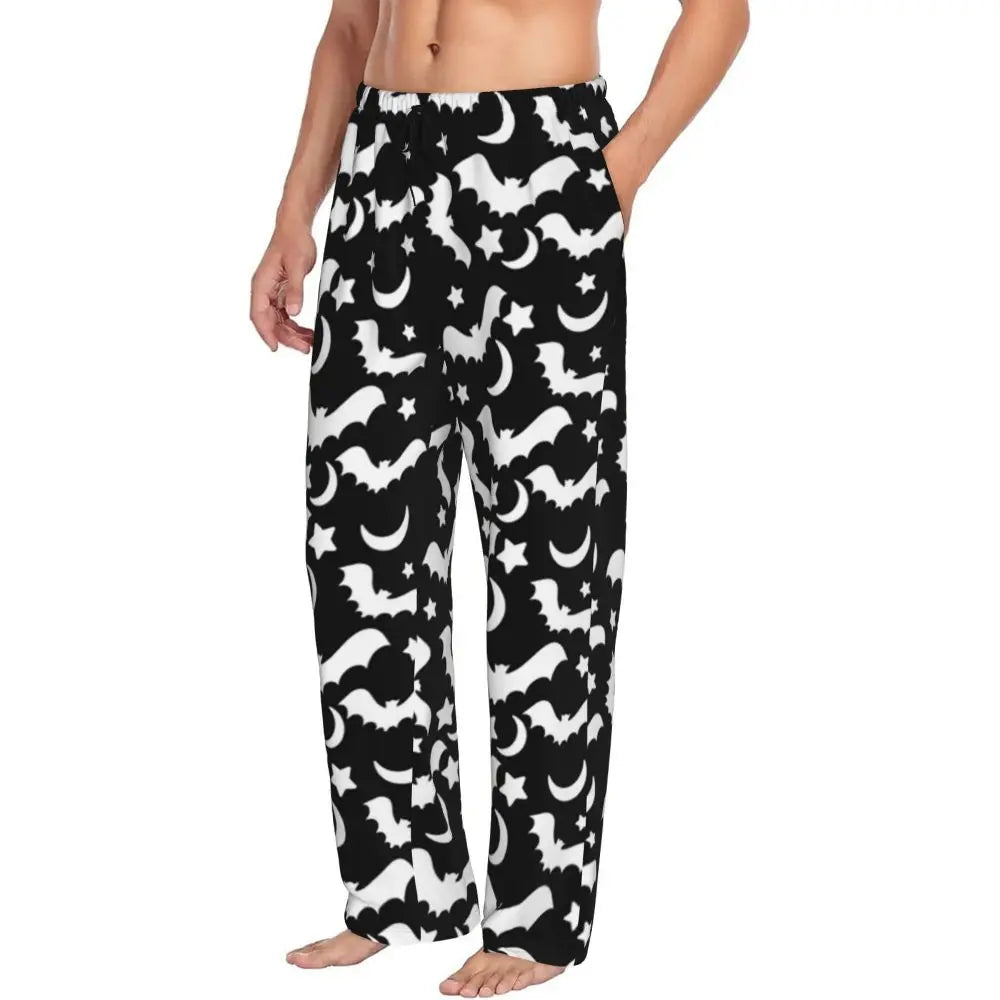 Custom Cute Spooky Halloween Bats Black And Purple Pajama Pants for Men Lounge Sleep Drawstring Sleepwear Bottoms with Pockets