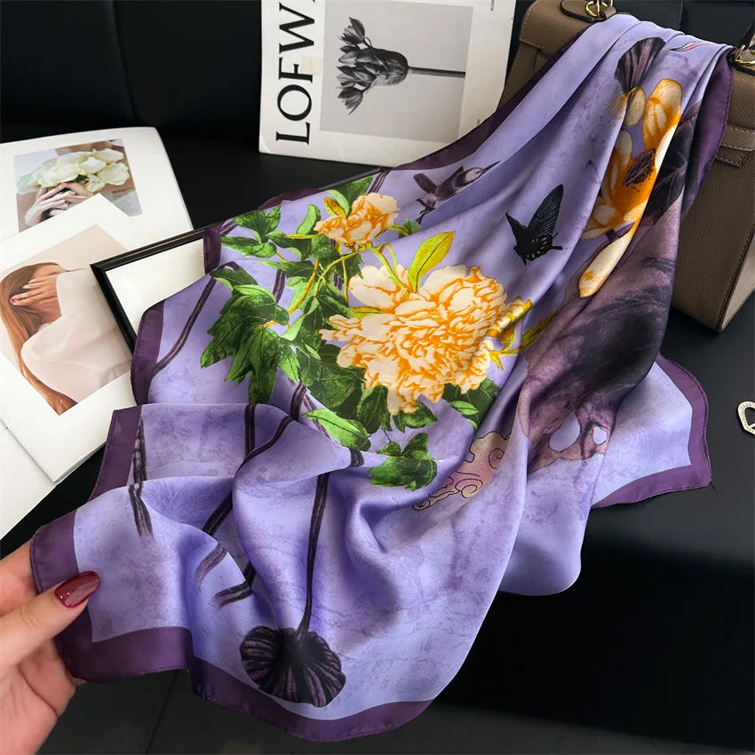 Imitated Silk Headcloth Fashion Flower Print Square Shawls Popular 70X70cm Bandanna Kerchief Sun Protection Silk Scarves Tie Bag