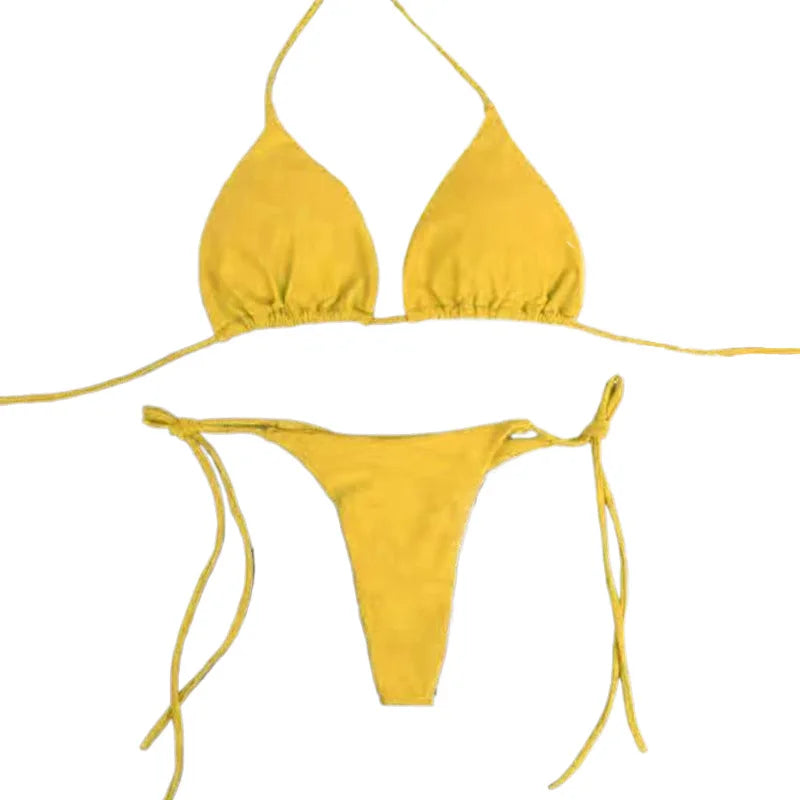 Solid Color Tie-Side G-String Bikini Set Breathtaking Bathing Suit with Feminine Bandage Design Sexy Brazilian Bikini Beachwear