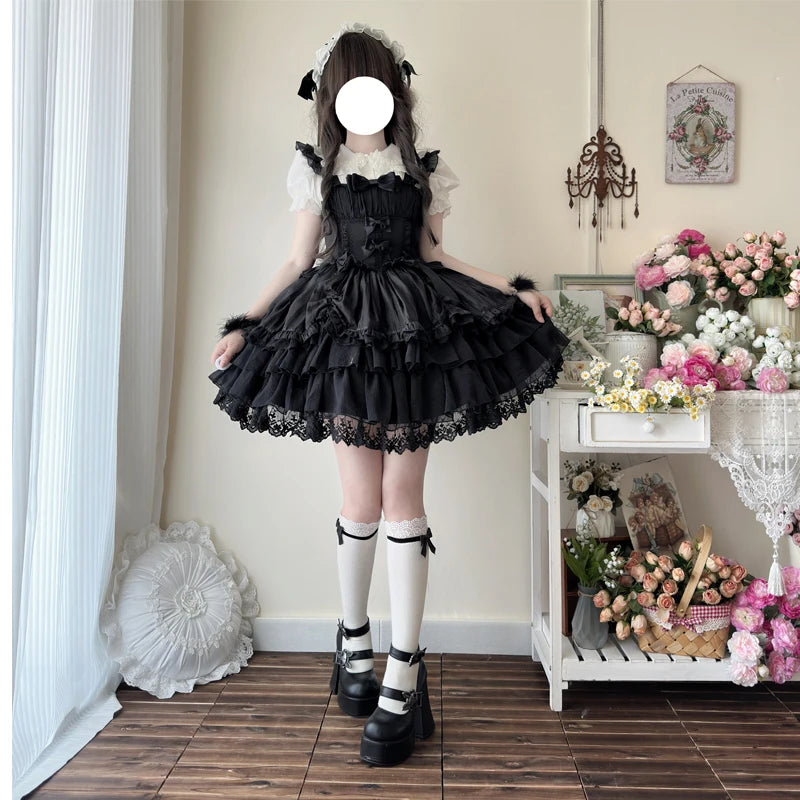 Original Design New Summer Lolita Dress Women's Sweet Flower Wedding Lace Bowknot JSK Sling Dress Black and White Princess Dress
