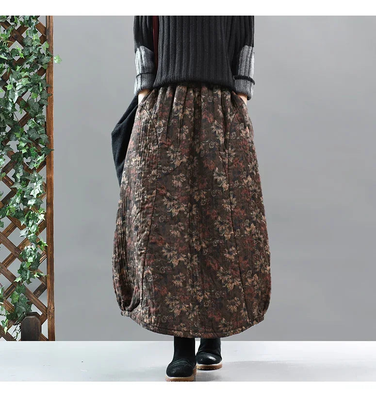 Careaymade New Autumn Winter Print Cotton Skirt Women Elastic Waist Thick Warm Long Skirts Female Loose Vintage Skirts