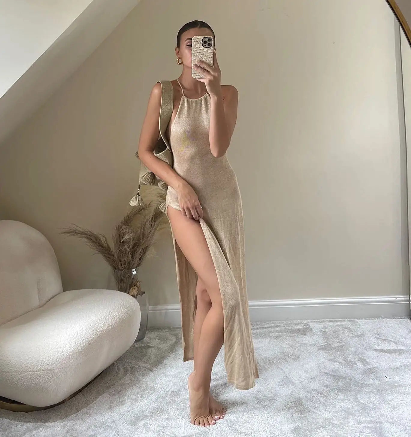 2025 Kintted Cover Up Beach Sexy See Through Maxi Slit Bodycon Summer Dress Bikinis Cover-ups  Elegant Halter Beachdress