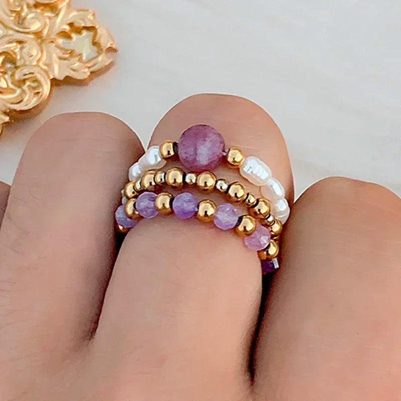 Boho Purple Tourmaline Ring Sets For Wedding Fashion Handmade Jewelry Freshwater Pearl Women Rings Stainless Steel