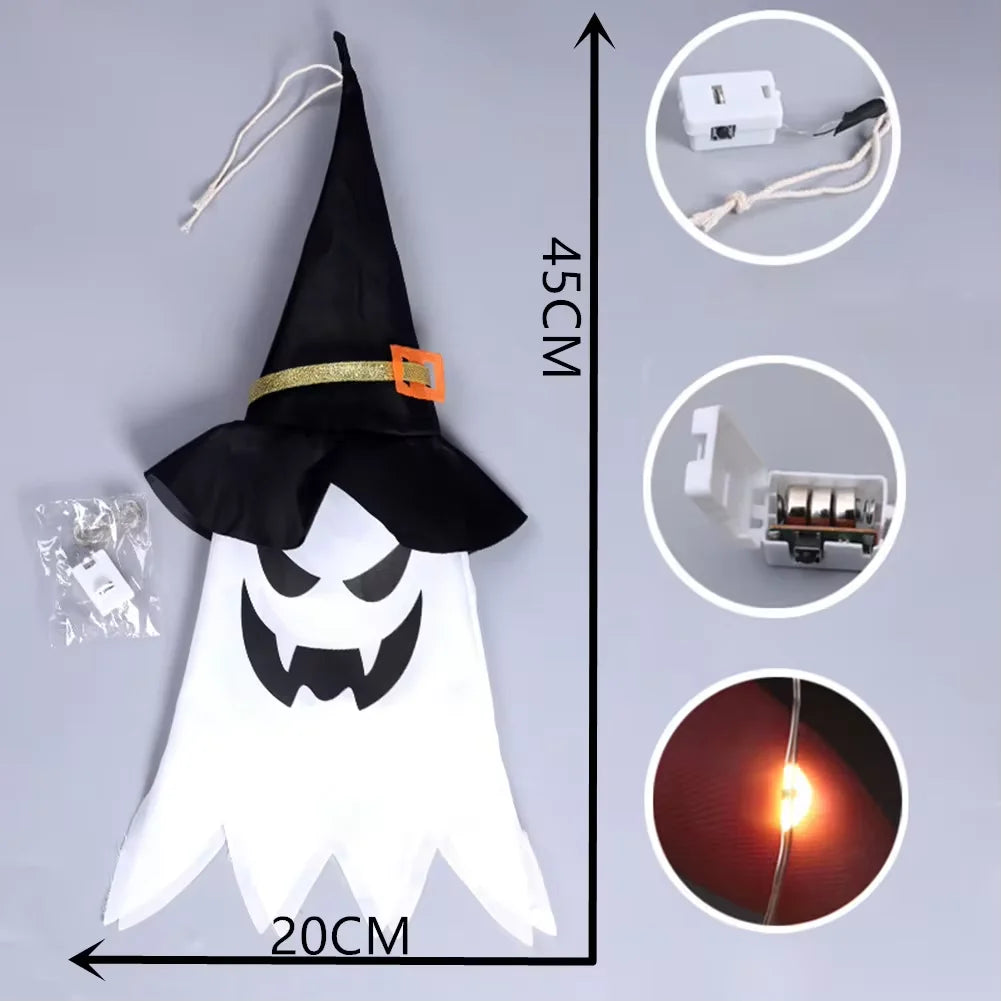 Halloween Courtyard Decorations LED Flashing Wizard Hat Lights Hanging Ghost Halloween Party Decorations Home Bars Horror Props
