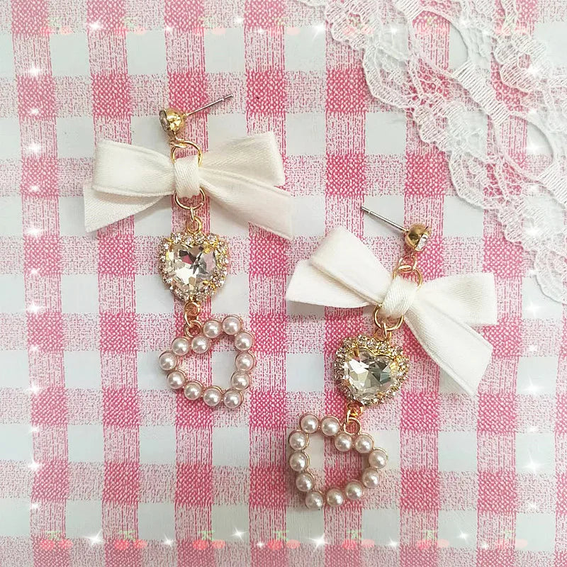 Japanese Style Lolita Sweet Bownot Rhinestone Pearl Heart Shaped Drop Earrings 925 Silver Pin Ear Clip Women Girls Earrings