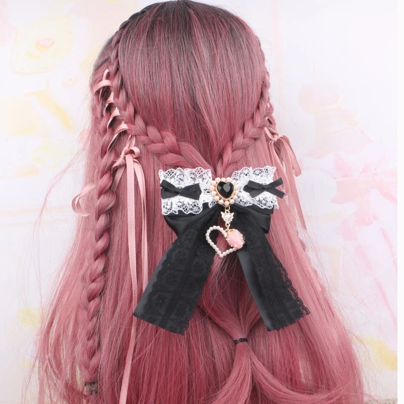 Lolita Style Hairclips Y2K Girl Handmade Bow Lace Ribbon Bowknot Hair Clip with Strawberry Heart Accessories Pendant