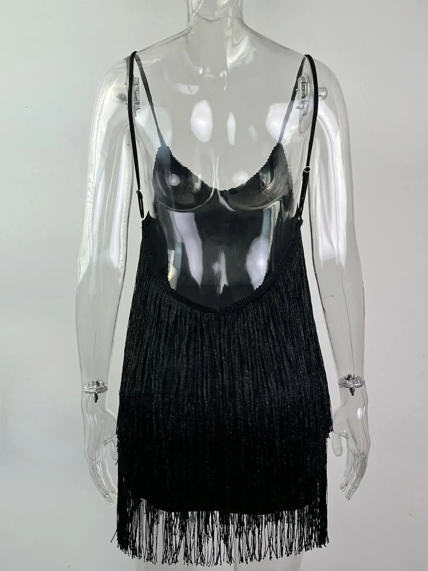 Leosoxs Women Sexy Deep V-Neck Spaghetti Straps Fringe Bodycon Mini Dress Tassels Backless Gatsby Cocktail Club Party Dresses