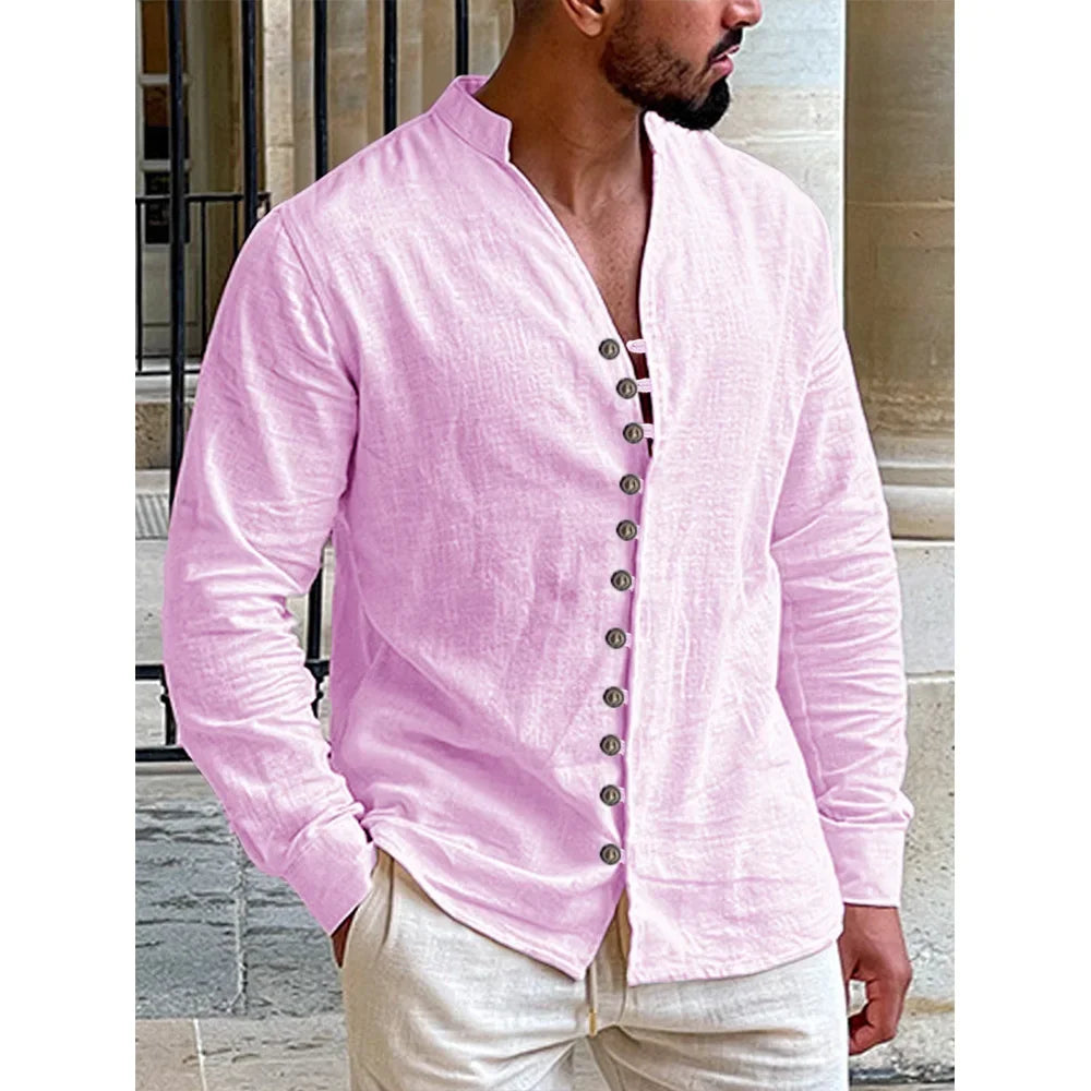 Men's Multi-buttons Shirts Cotton Linen Hawaiian Beach Shirt Long Sleeves Stand Collar Lightweight Breathable Men's Shirt