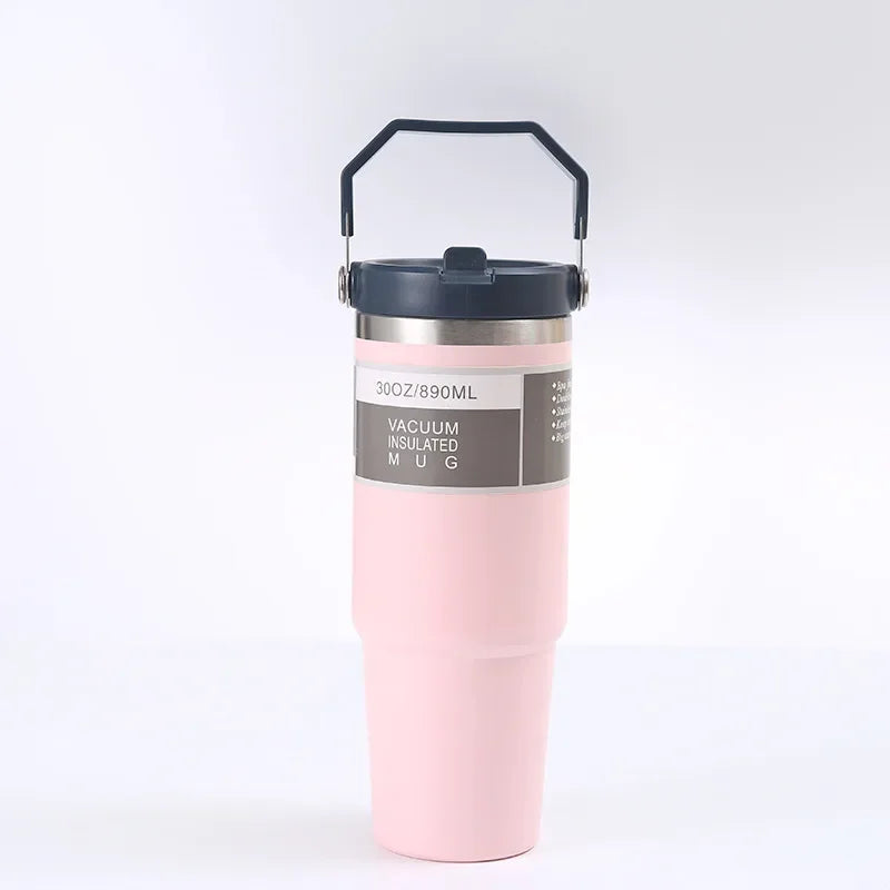 Stainless Steel Thermos Cup with Straw, Portable Car Cup, Travel Sports Water Bottle, Handle Cover, Coffee Vacuum Flask, 30oz