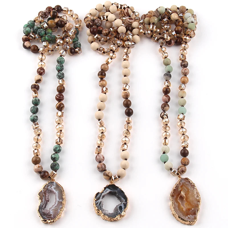 Fashion Bohemian Tribal Jewelry Crystal / Stone Long Knotted Irregular Druzy Stone Pendant Necklaces For Women