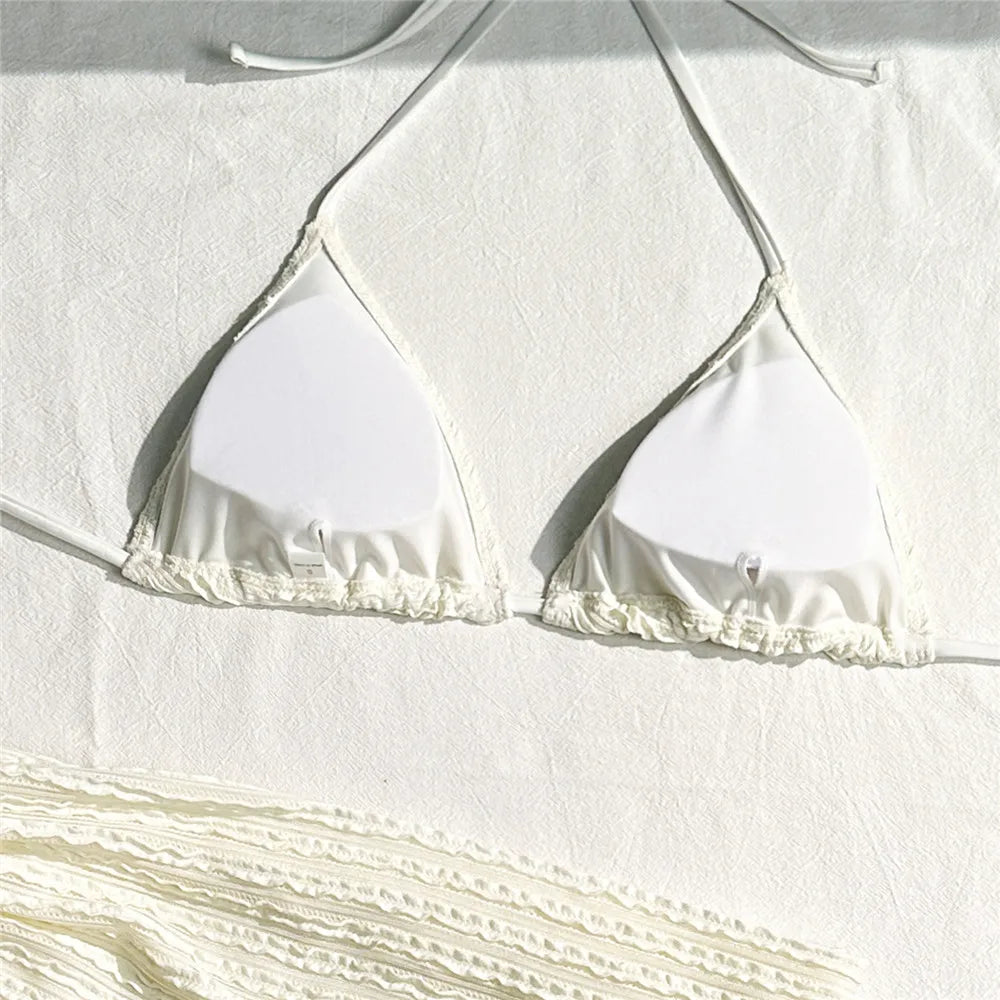 Khaki Fold Swimwear for Women 3 Piece Bikini Set Cover Up Micro Thong Sexy Swimsuit Beach Wear String Halter Triangle Bikinis