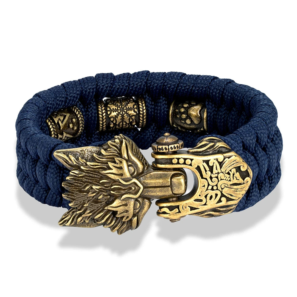 Viking Ancient Bronze Wolf Head Bracelet for Men Punk Stainless Steel Bangle Handmade Woven Rope Wristband Vintage Jewelry Gifts