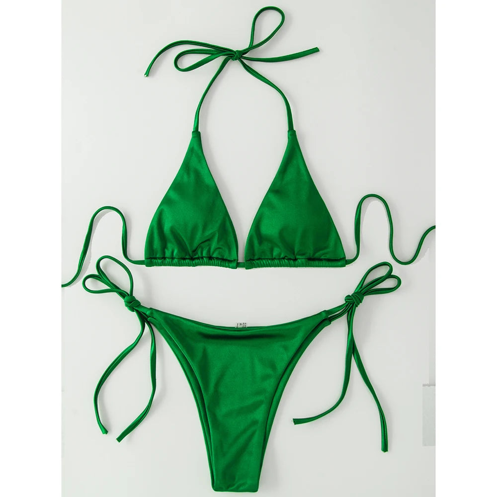 Metallic Halter Triangle Bikini 2023 Swimsuit Women Swimwear Female Bathing Suits Brazilian Thong Micro Bikinis Set Beach Wear