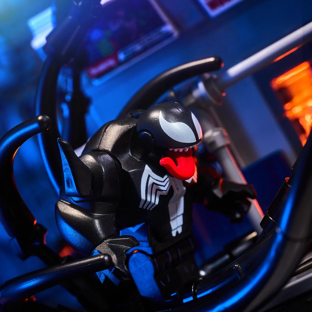 MOC scene: Marvel Venom vs. Spider-Man in the subway. Spider-Man's assembled toy bricks. Christmas gift for a boy and a girl.