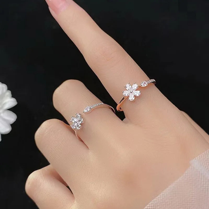 Vintage Rose Flower Rings For Women Korean Style Adjustable  Sakura Princess Finger Ring Bride Wedding Engagement Party Jewelry