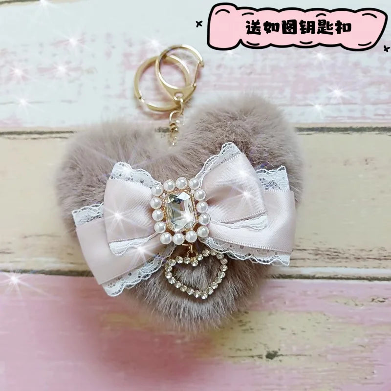 Romantic Bag Ornament Plush Heart Pearls  Keychain Bag Decor Keyring Sweet Ita Bag Pendant Handmade Bow Accessories Keychain