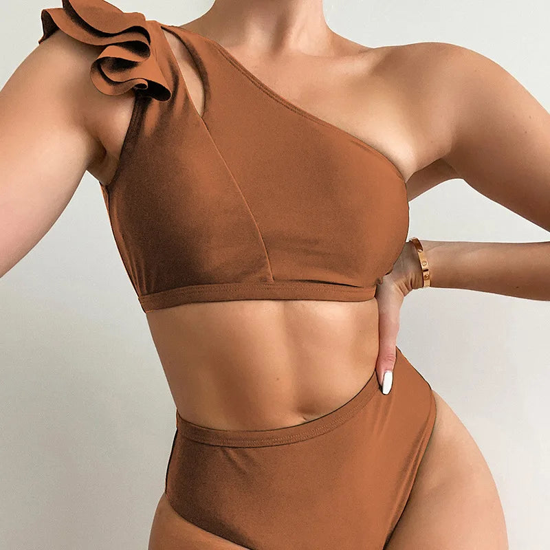 One Shoulder Bikinis 2025 Women Ruffle Swimsuit Solid High Waist Swimwear Female Padded Bathers Bathing Swimming Suit Beachwear