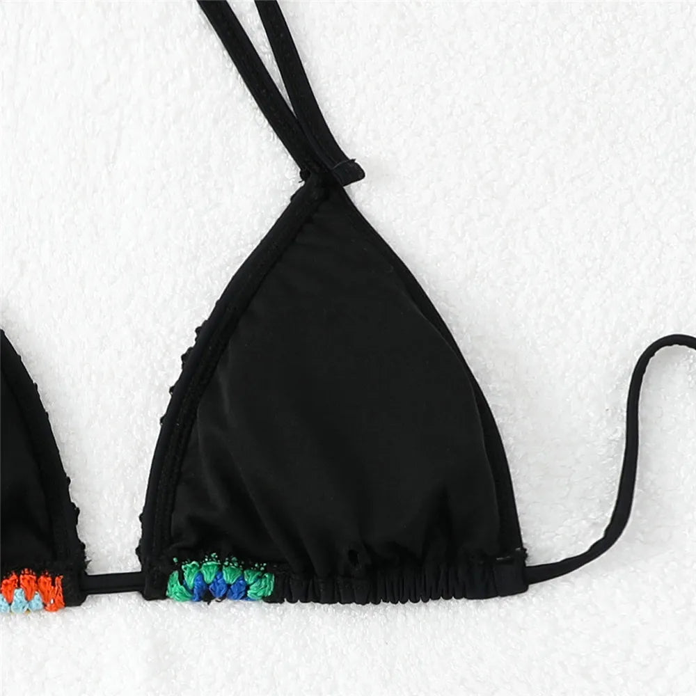 Black Thong Micro Knitted Crochet Bikini 2025 String Halter Swimwear Sexy Swimsuit Women Lace-up Bathing Suit Black Bikinis Sets