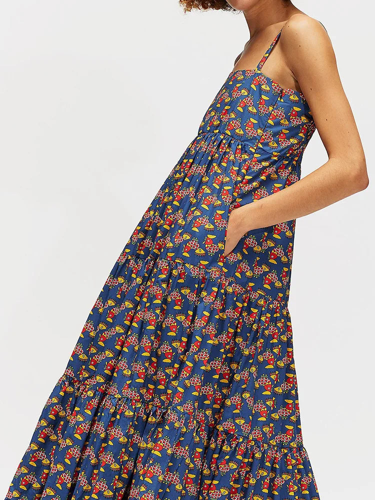 Square Collar Backless Patchwork Maxi Dress, Women Summer Sleeveless Print Party Dress, 2024 Casual Elegant Ladies Dress Vestido