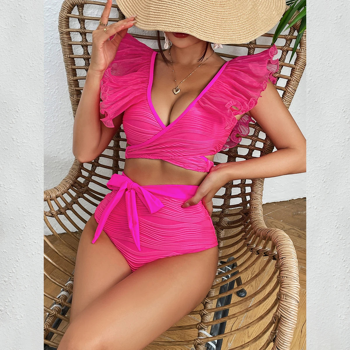 Ruffle Swimsuit 2024 New High Waist Bikini Solid Swimwear Women Sexy Bikinis Push Up Swim Wear Female Bathing Suit Beachwear