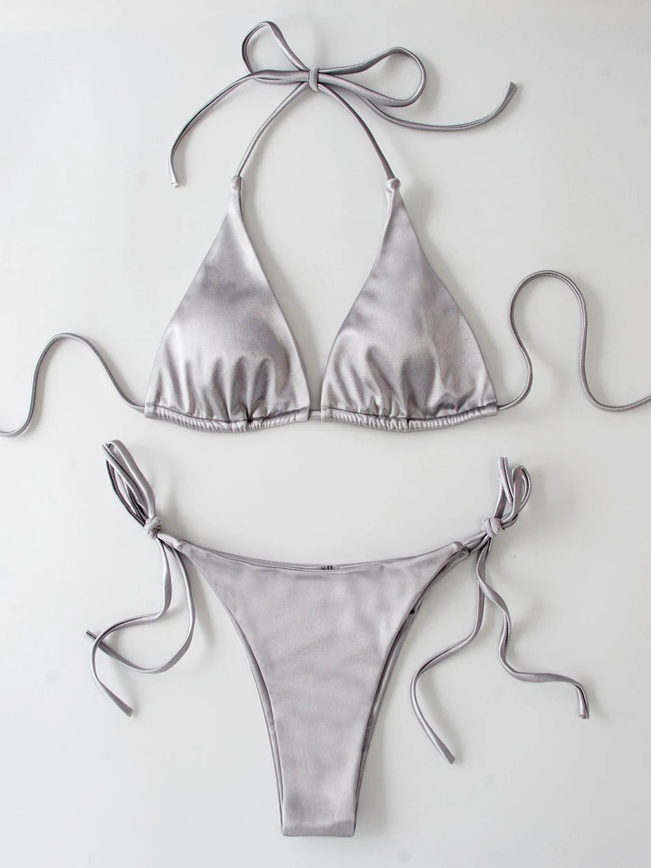 Metallic Halter Triangle Bikini 2023 Swimsuit Women Swimwear Female Bathing Suits Brazilian Thong Micro Bikinis Set Beach Wear