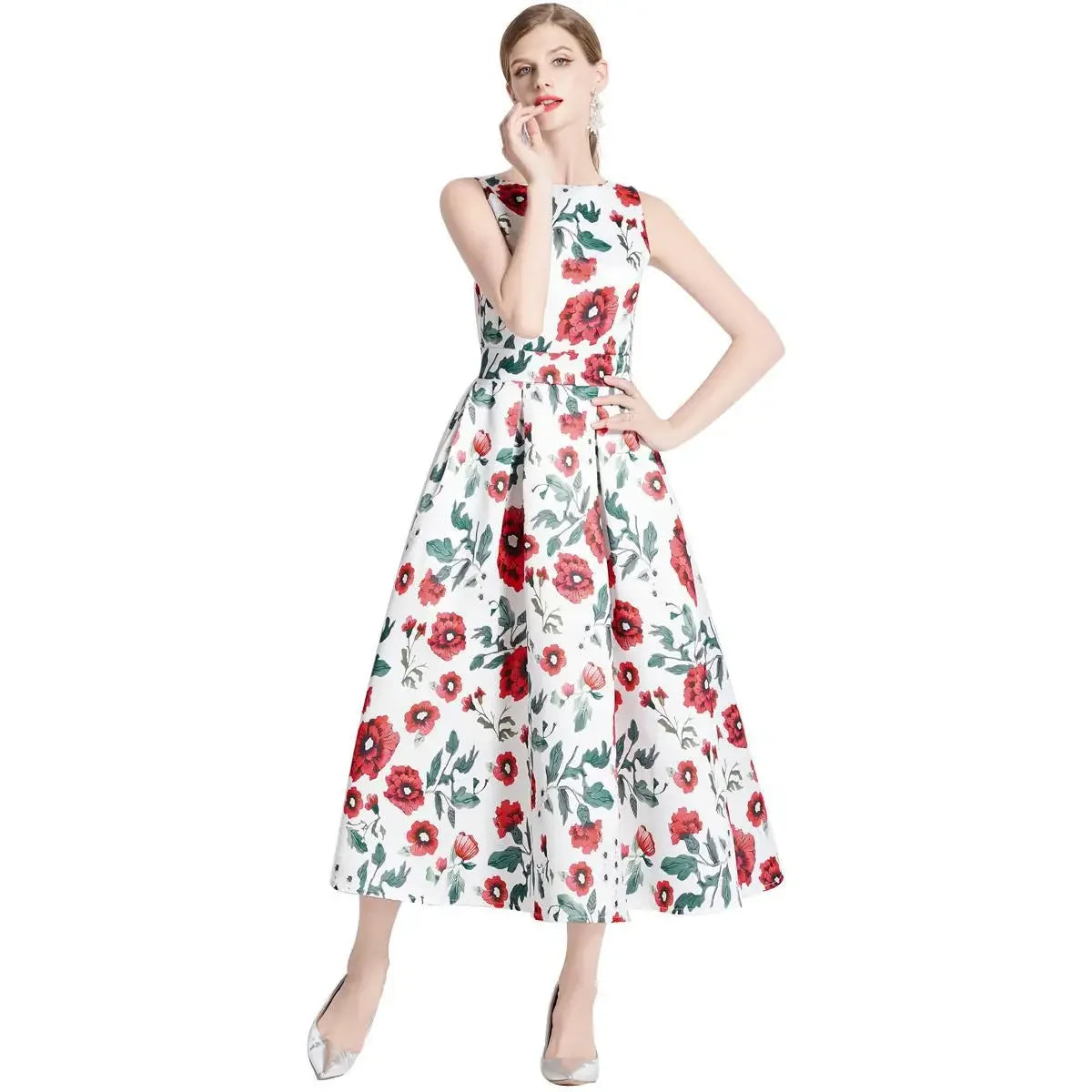 Summer New Long Floral Print Dress Big Hemline Slimming Fashionable Umbrella Skirt Style Sleeveless Women's Dress