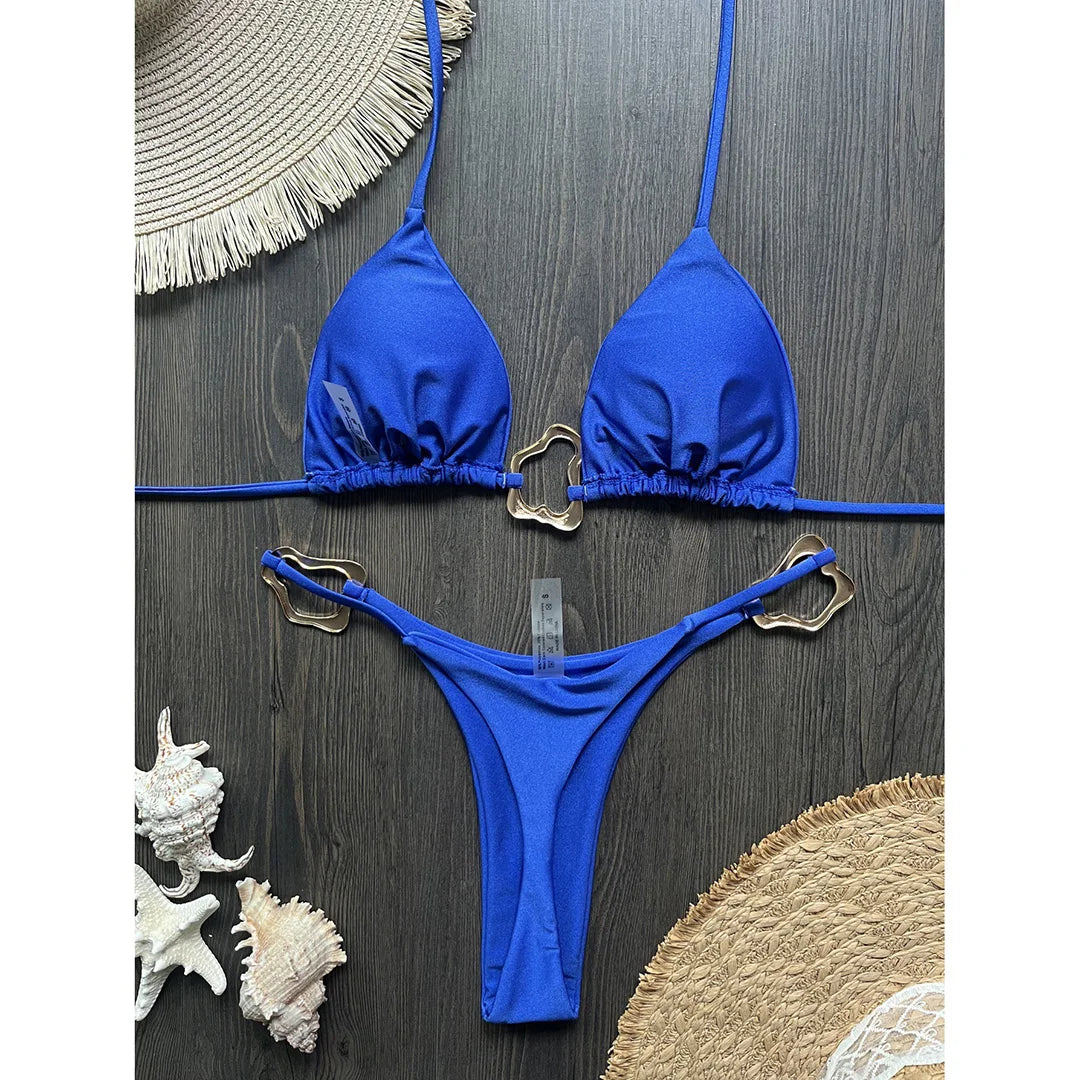 Shiny Metal Ring Halter Mini Thong Bikini Women Swimwear Female Swimsuit Two-pieces Bikini set Bather Bathing Suit Swim V6438