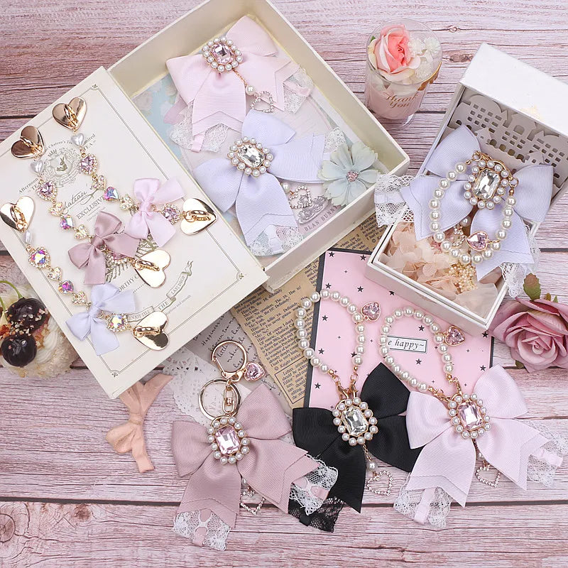 Japanese Sweet Cute Handmade Rhinestone Bow Hairpin Pearl Lace Hairclips Lolita Women Girls Side Clip Bag Pendant Handbag Charms