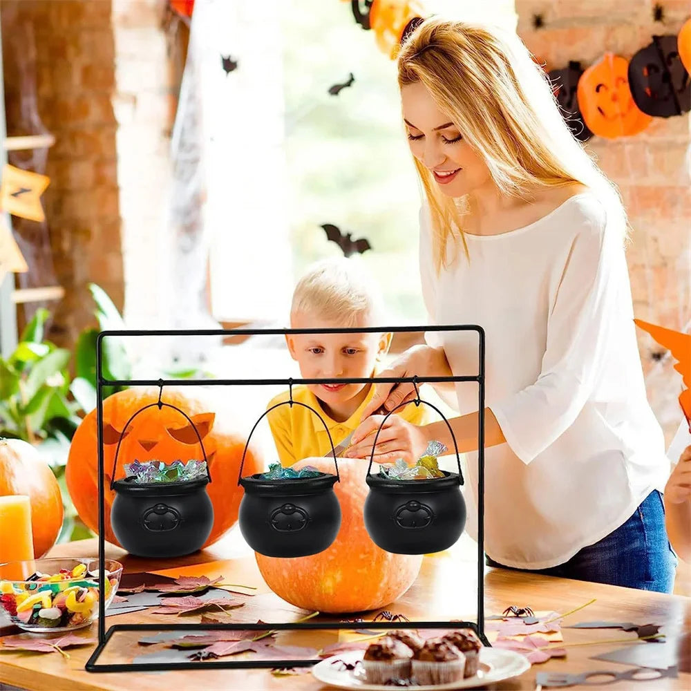 Halloween Candy Bucket Jar Trick Or Treat Black Plastic Cauldron Witch Bowls with Handle Halloween Party Decorations Props