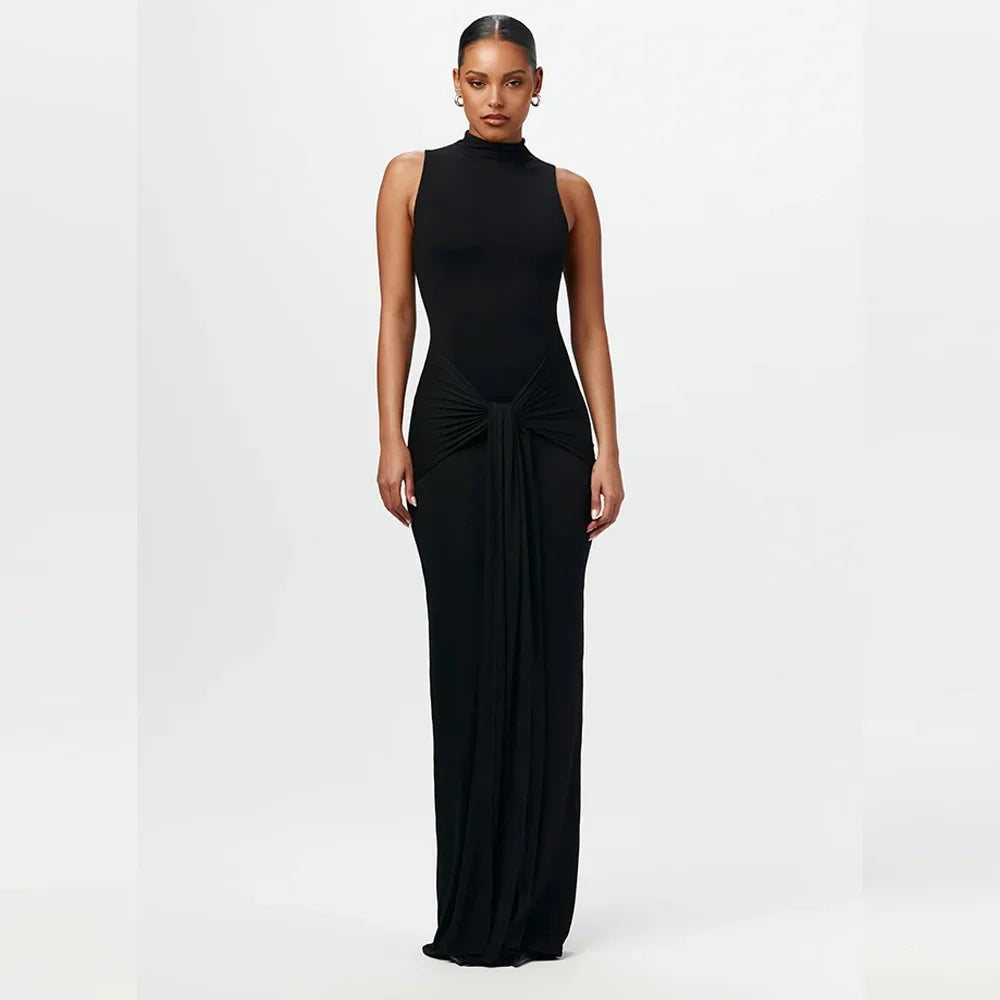 Slim Fit Wrap around Midriff Baring Sleeveless round Neck Dress for Women in Autumn And Winter Pure Color with Belt Detail