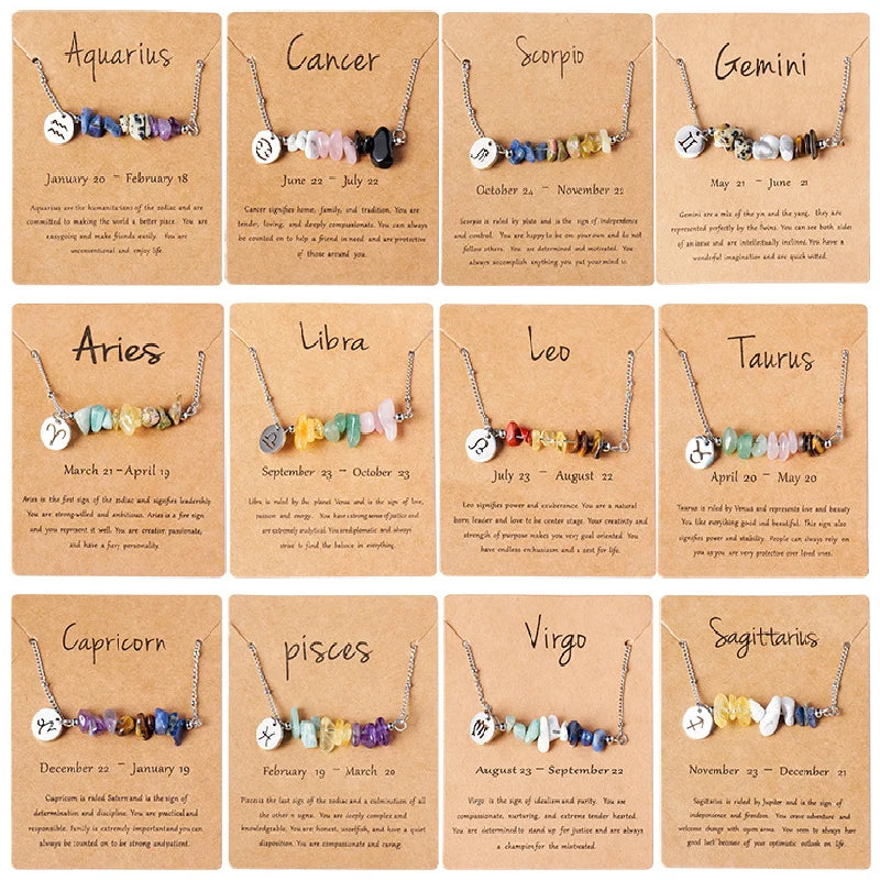 Stainless Steel 12 Zodiac Signs Constellation Charm Natural Crushed Stone Beaded Necklace for Men Women Couples Choker Virgo