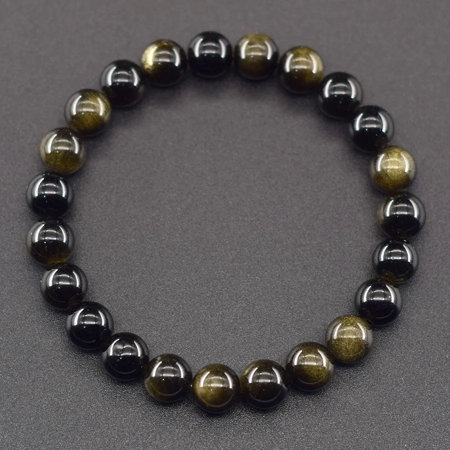 Natural Golden Obsidian Stone Beads Bracelet Men Women Golden Light Rainbow Obsidian Tourmaline Wealth Money Round Jewelry Gift