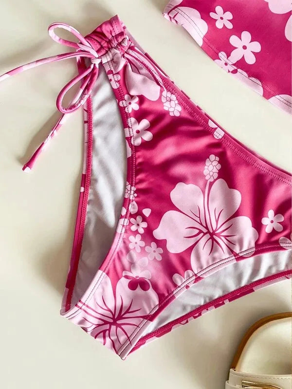 Sexy Yellow Floral Print Bikinis Set Women Halter Push Up Crop Top Swimsuit 2025 Beach Bathing Suit Lace Up High Waist Swimwear