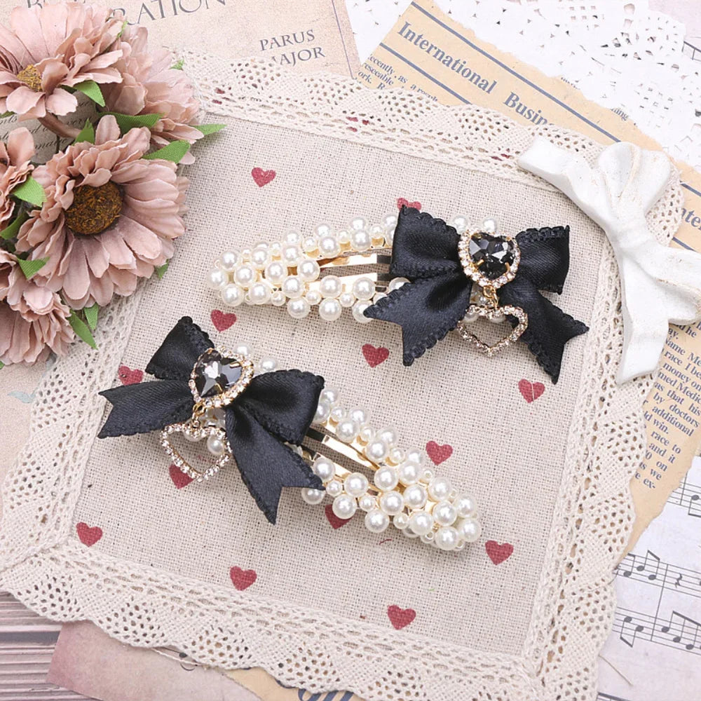 Cute Sweet Japanese Lolita Barrettes Hairpin Mine Pearl Bow Rhinestone Love Heart A Pair Of Hairclips Side Clip Hair Accessories