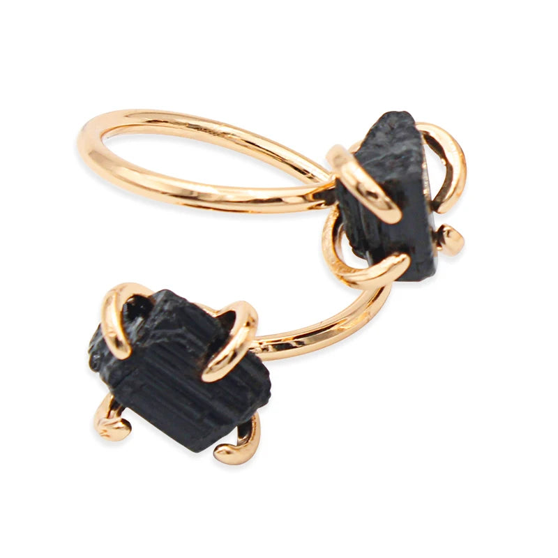 Irregular Black Tourmaline Open Ring for Women Girls Claw Setting Gold-color Boho Rough Natural Stone Finger Jewelry Resizable