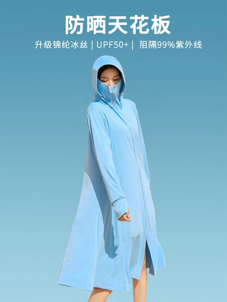 Sunscreen Sun Protection Long Coat Hooded Washable Ruffles Adjustable Waist Beach Anti-UV Dress For Women UPF50+ Long Coat 5XL
