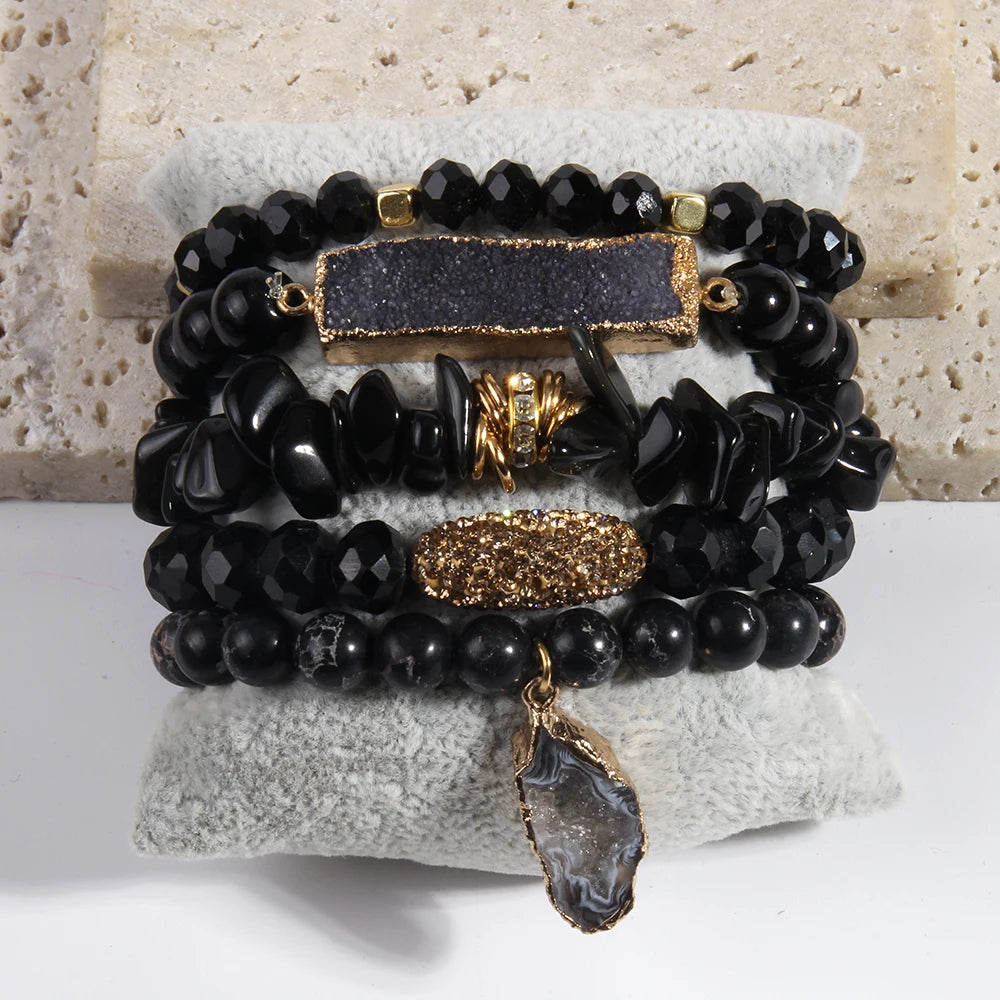 Fashion Designer Gemstone Crystal Glass Beaded Bracelet Sets Druzy Charm 5pc Stack Bracelet Bracelets Set For Women Jewelry Gift