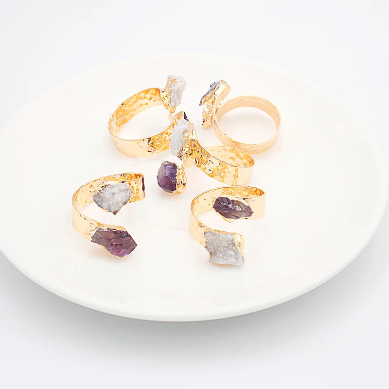 Irregular Raw Crystal Quartz Open Ring for Women Girls Gold-color Boho Amethyst Finger Jewelry Resizable