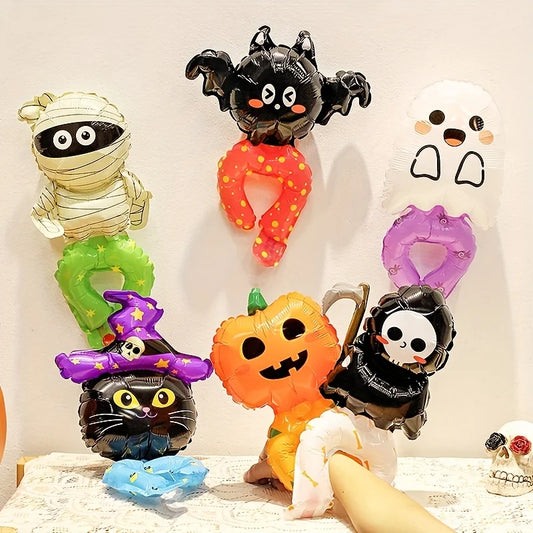 10/30/50pcs Halloween Balloon wrist strap Foil Balloons Stick Aluminum Film Inflatable Balloon Skeleton Pumpkin Hair Hoop Party