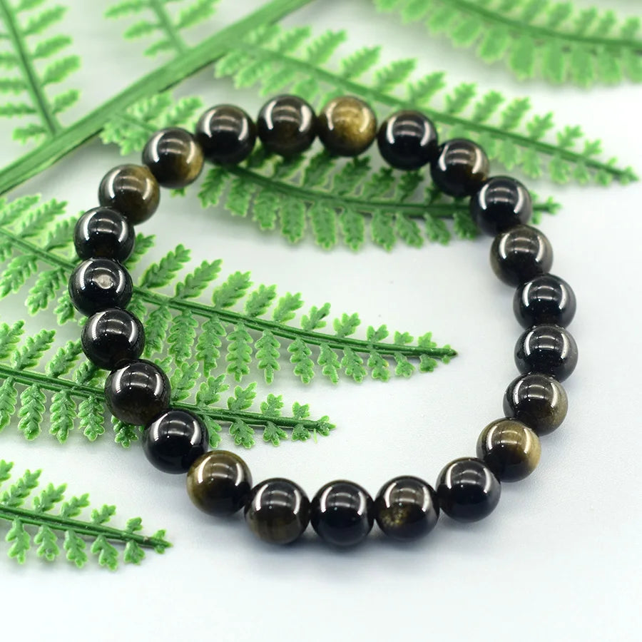 Natural Golden Obsidian Stone Beads Bracelet Men Women Golden Light Rainbow Obsidian Tourmaline Wealth Money Round Jewelry Gift